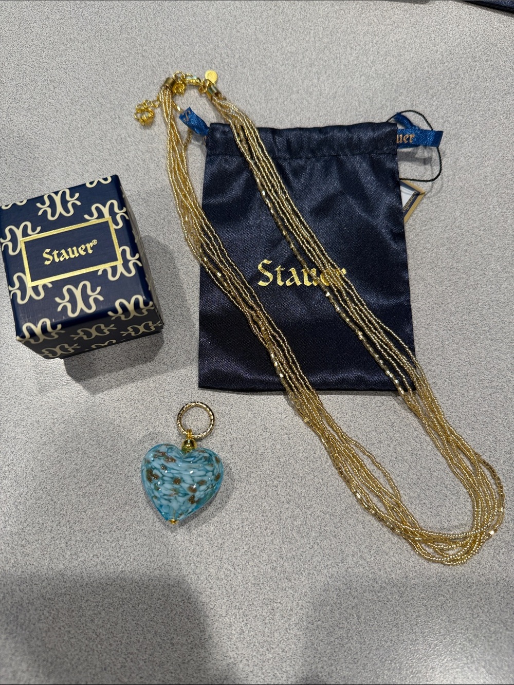 Stauer Gold Multi Strand Necklace with Blue Murano Heart Pendant
